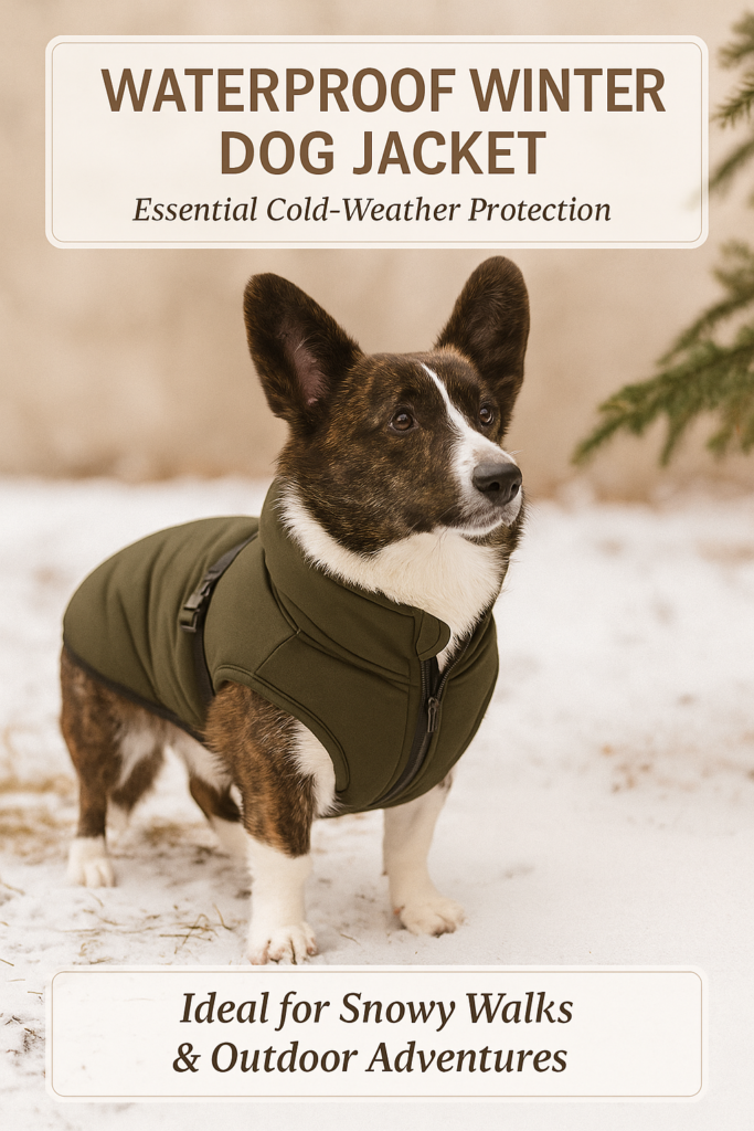 Christmas flatlay of a waterproof winter dog jacket on a neutral beige background with subtle evergreen decoration.