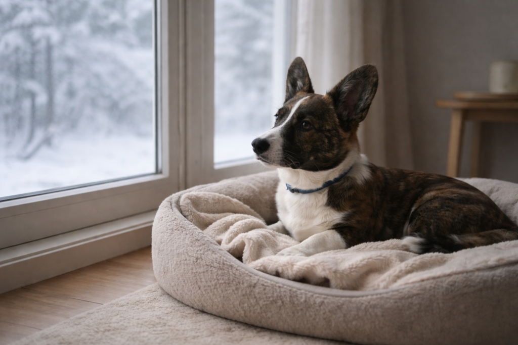 Dog resting indoors near a window during winter, calm home environment