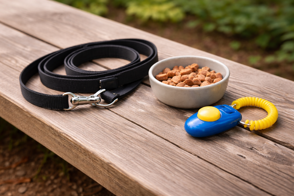 Dog training tools for basic obedience commands including leash, clicker, and treats