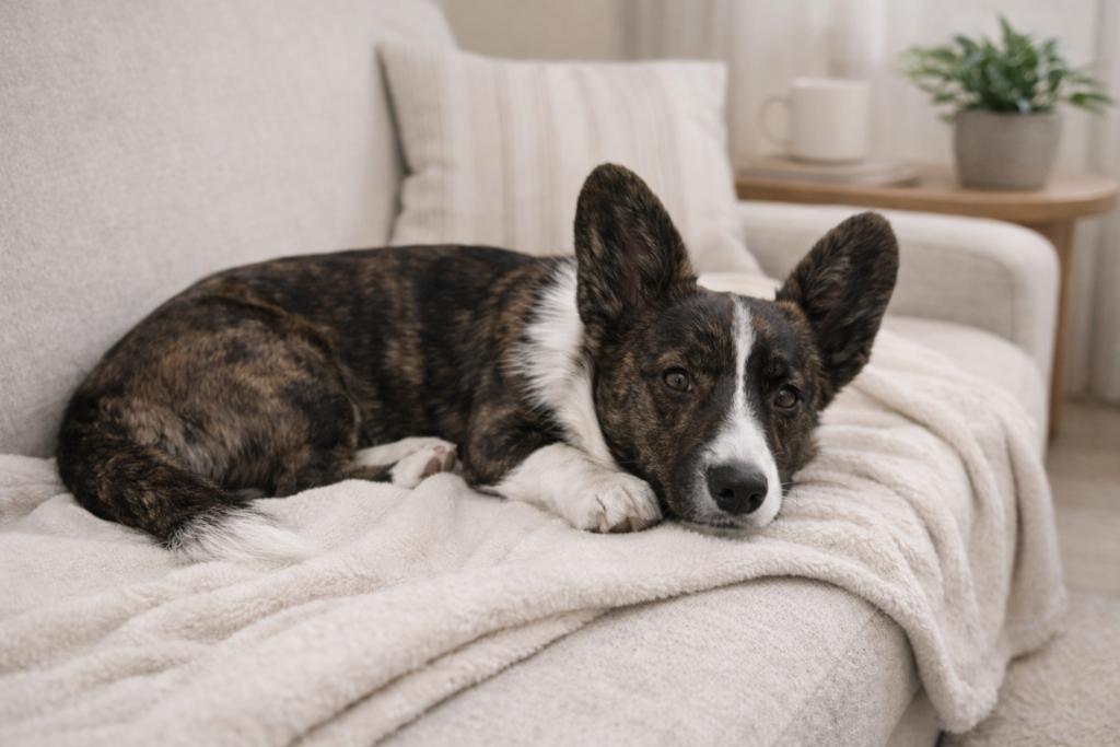 Relaxed dog resting calmly at home after a grooming routine