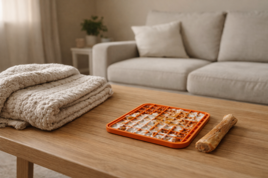 Calm dog enrichment setup at home with lick mat, chew, and neutral living room environment