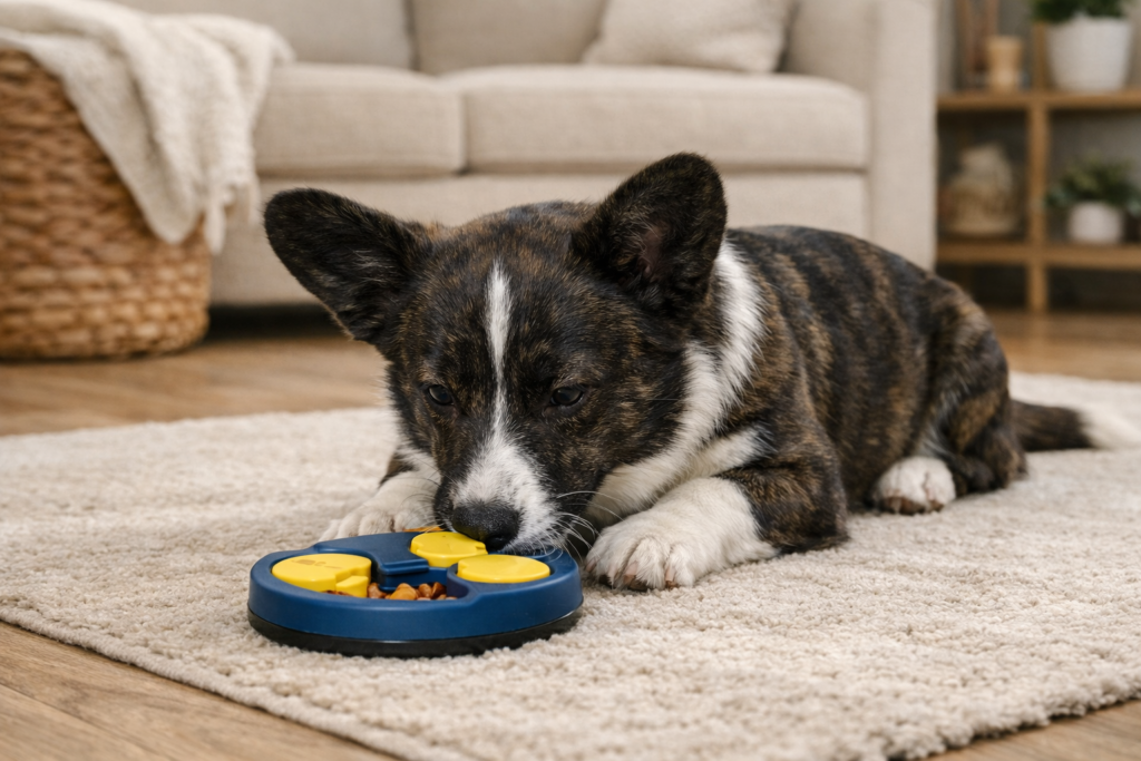 Calm dog engaging with an enrichment toy at home after mental stimulation activities