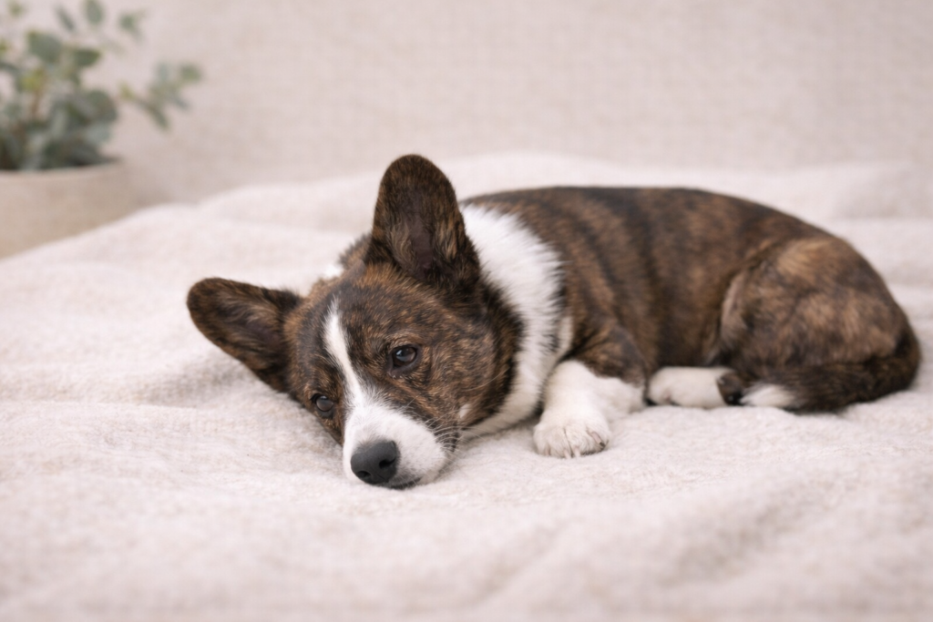 Calm brindle and white corgi puppy resting peacefully in a relaxed position, illustrating a regulated nervous system before dog grooming.