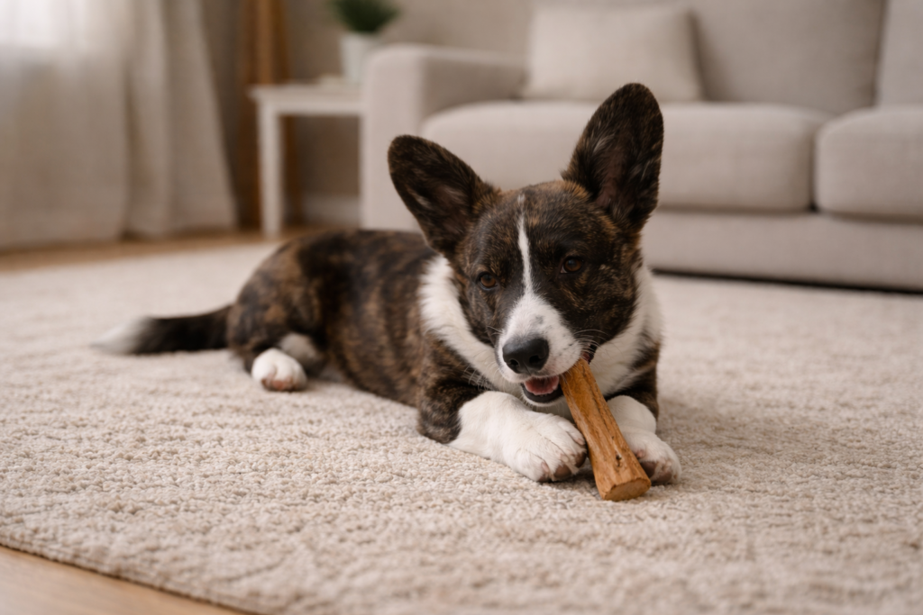 Calm dog resting indoors after enrichment activity in a relaxed home environment