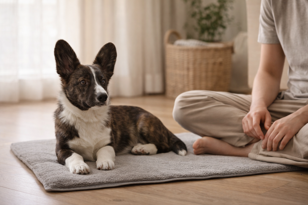 Calm corgi resting on a training mat during a relaxed positive behavior training moment at home