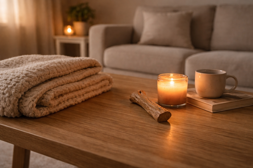 Calm evening home environment set up for a dog’s relaxing routine with soft lighting and enrichment items