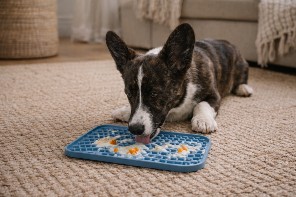 Nuggy the Cardigan Welsh Corgi calmly using a lick mat indoors as part of a dog enrichment routine