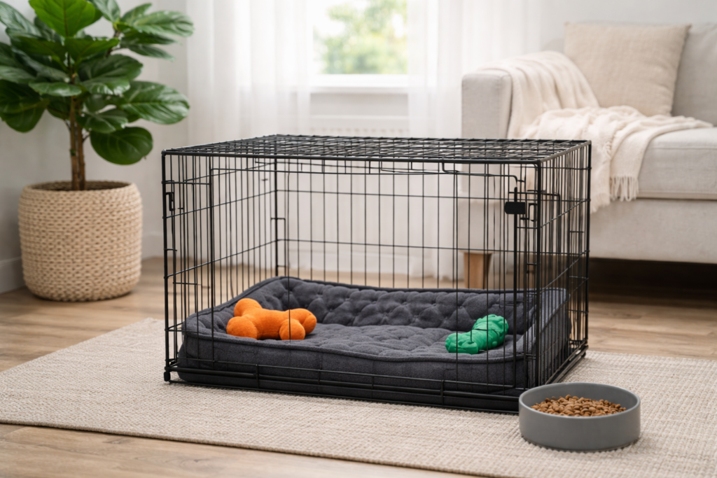 Calm puppy crate setup at home with a soft bed and toys, prepared for relaxed rest and crate training.