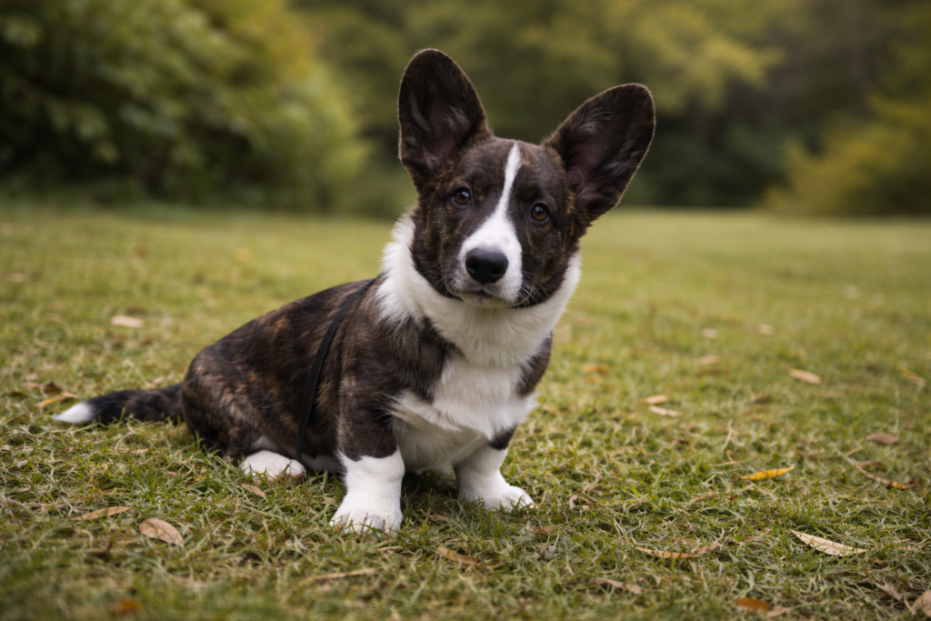 Cardigan Welsh Corgi puppy Nuggy resting outdoors in natural light