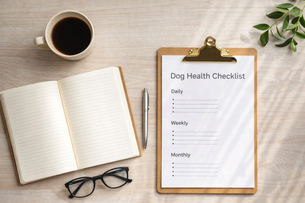 Dog health care checklist on a clean desk showing daily, weekly, and monthly pet care planning