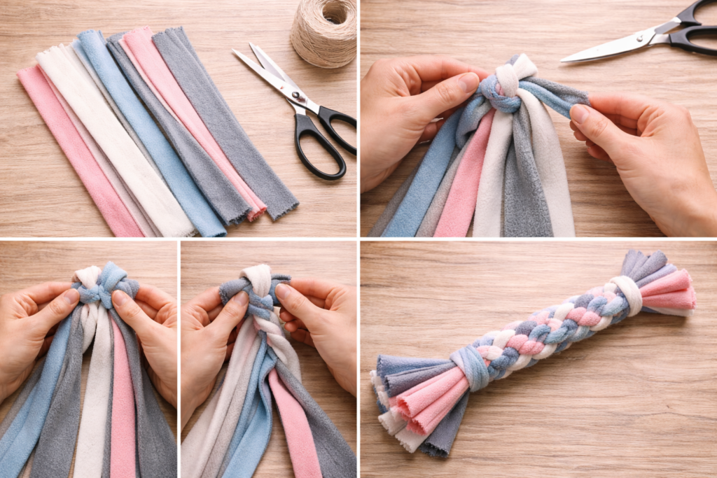 Hands braiding fleece strips into a DIY dog tug toy with the finished braided fleece toy shown on a wooden surface