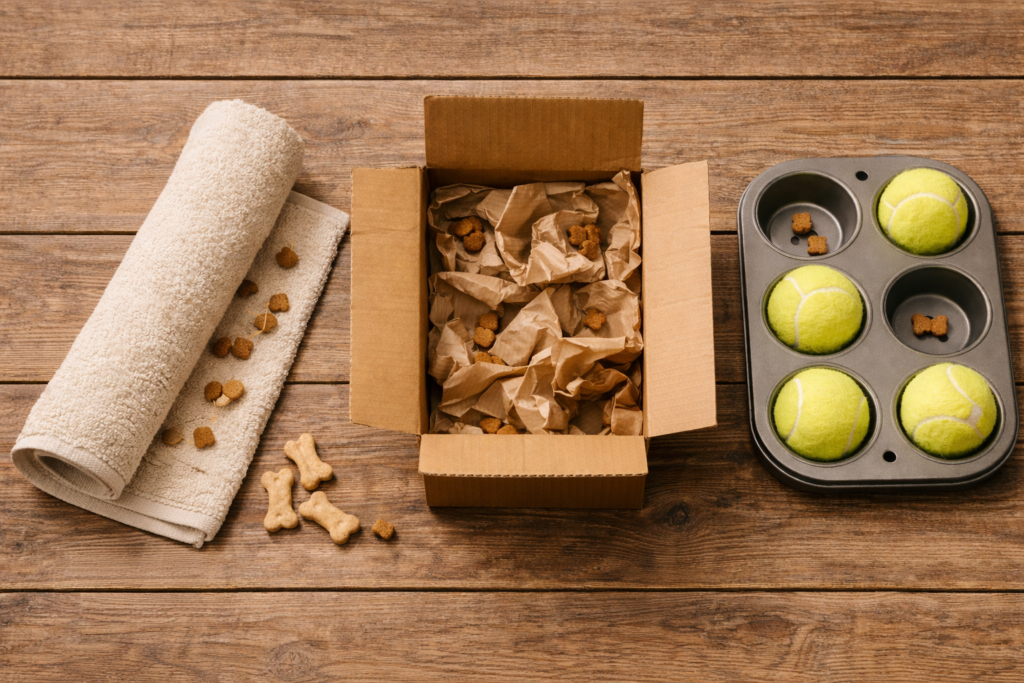 DIY dog enrichment activities using household items, including a towel treat roll, a cardboard box puzzle, and a muffin tin game