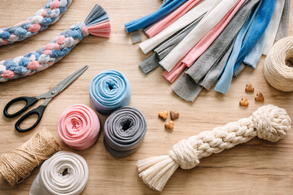 DIY dog toy materials including fleece strips and braided rope laid out on a wooden surface