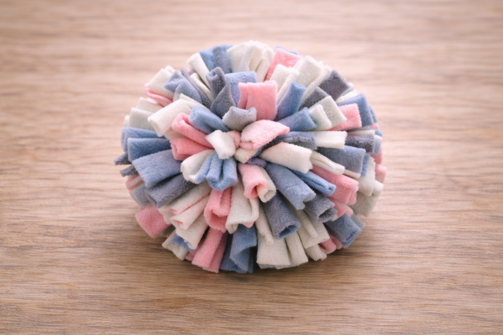 Finished DIY fleece snuffle ball made from knotted fabric strips on a wooden surface