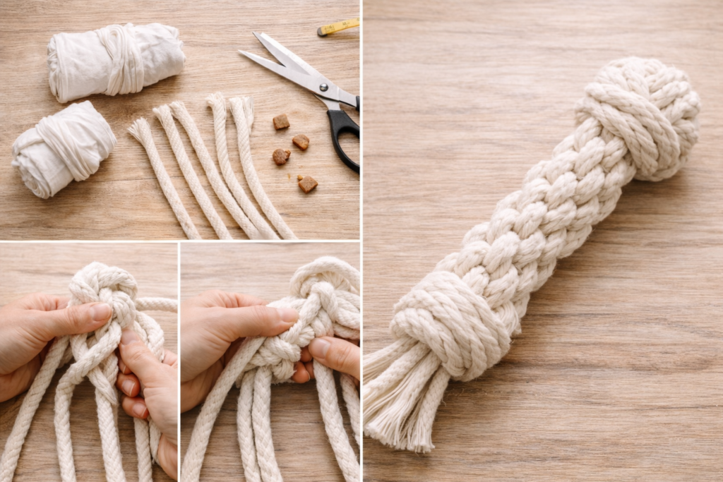 Hands braiding a cotton rope dog toy with the finished knotted rope toy displayed on a wooden surface