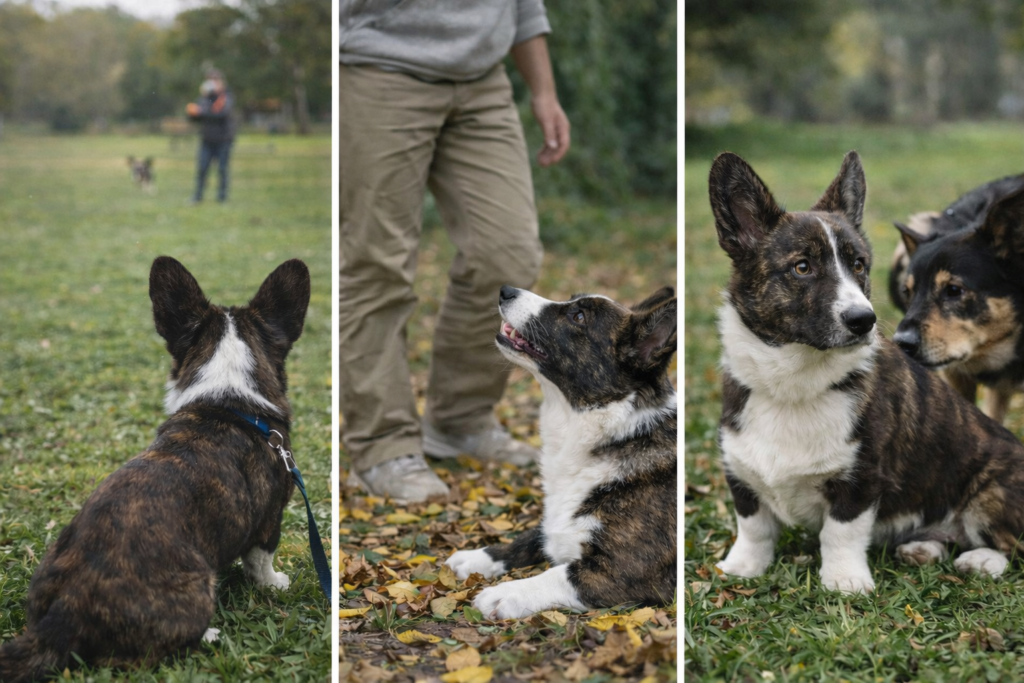 The same dog shown in different everyday situations, illustrating how body language can appear similar while meaning changes depending on context.