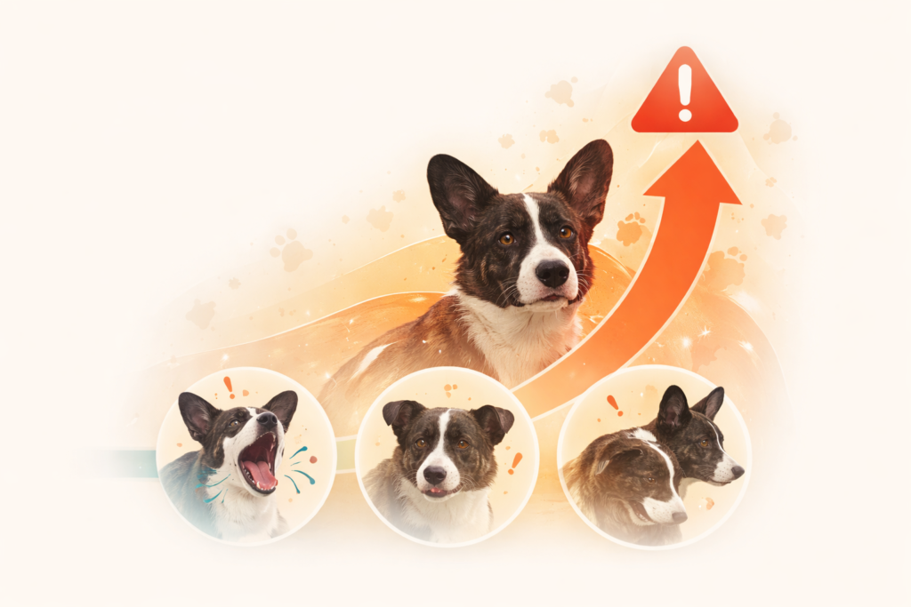 Abstract visual representing early warning signals in dog body language before behavior escalation, without showing specific actions or emotions.
