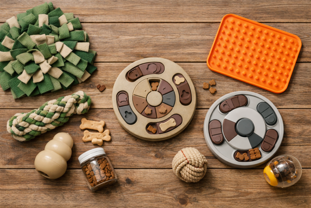 Dog enrichment tools arranged on a wooden surface, including puzzle toys, a snuffle mat, and a lick mat for mental stimulation