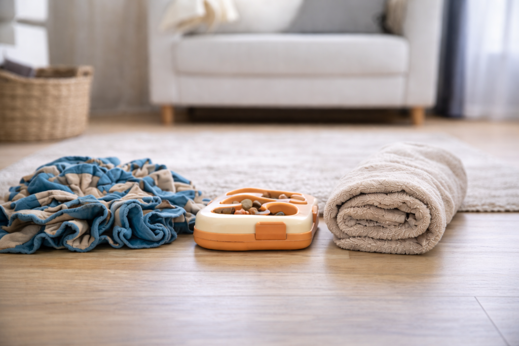 Indoor dog enrichment tools including a snuffle mat, puzzle feeder, and towel used for calm mental stimulation at home