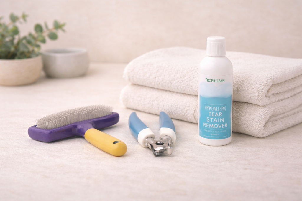 Calm dog grooming tools arranged on a neutral surface, representing a stress-free dog grooming routine at home.