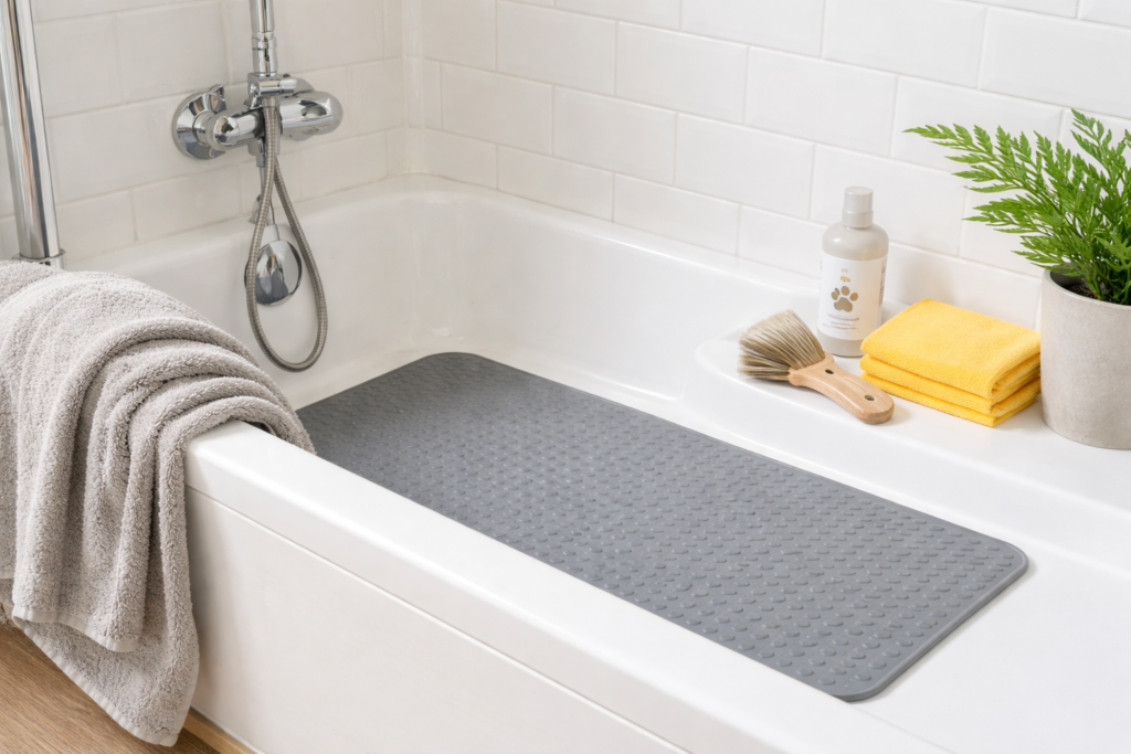 Simple dog grooming setup at home with non-slip mat, towel, brush, and shampoo arranged in a bathroom bathtub