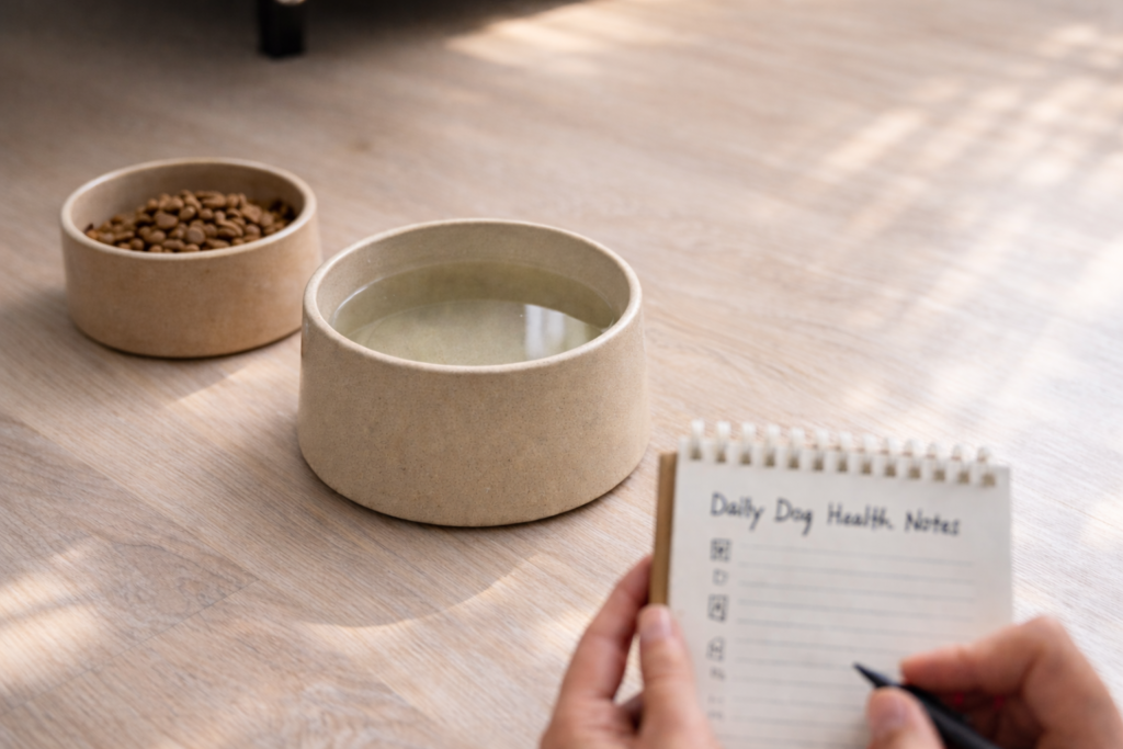 Daily dog health checklist showing food and water bowls used for routine pet health observation