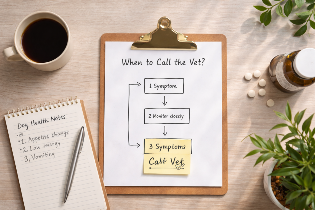Dog health decision checklist showing when to monitor symptoms and when to call the vet