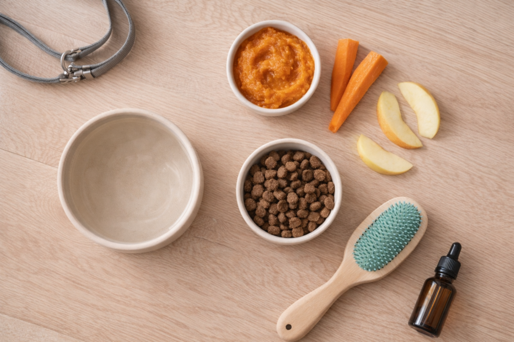 Dog health essentials including fresh water, safe food, and daily care tools arranged in a calm home setting