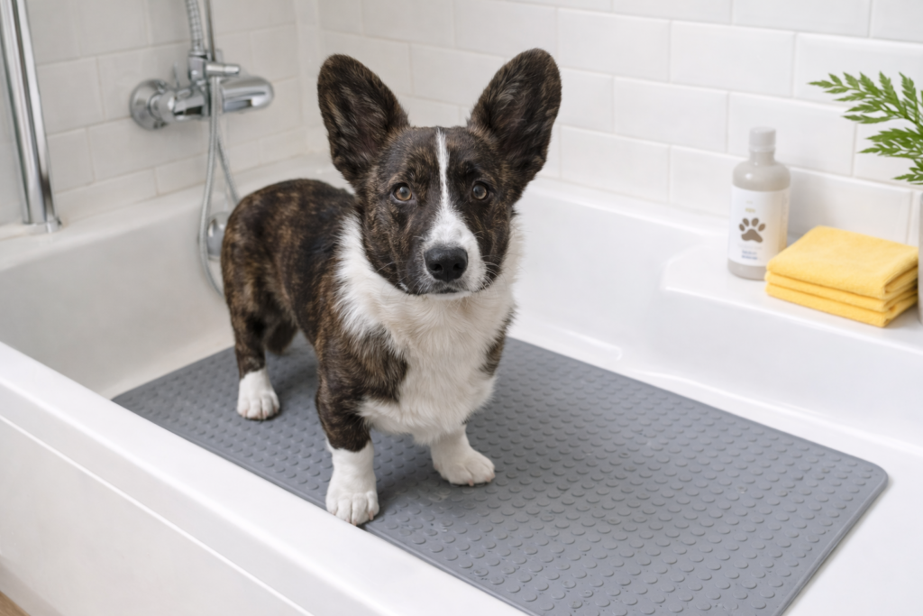 Dog standing calmly on a non-slip grooming mat in a home bathtub