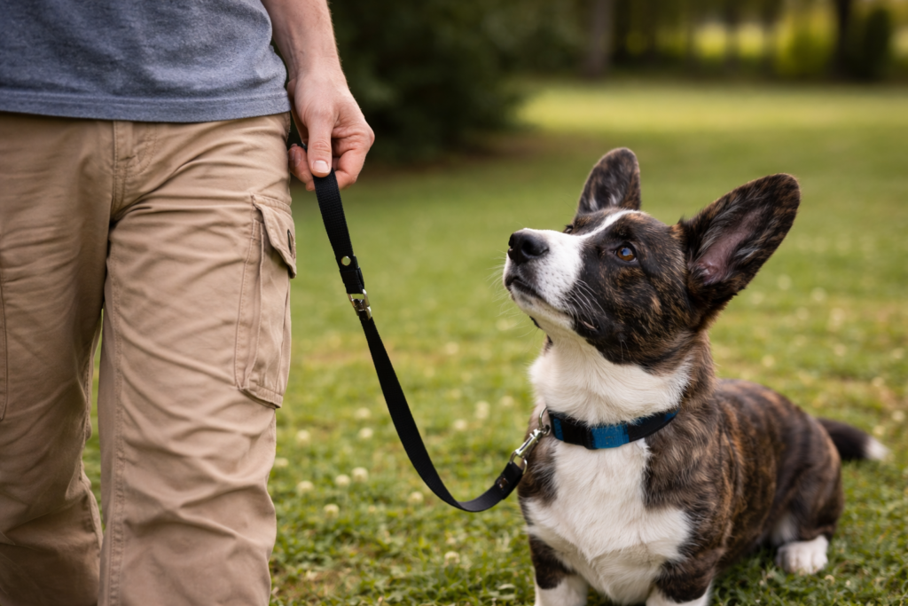 Dog practicing obedience training on leash with calm focus and attention