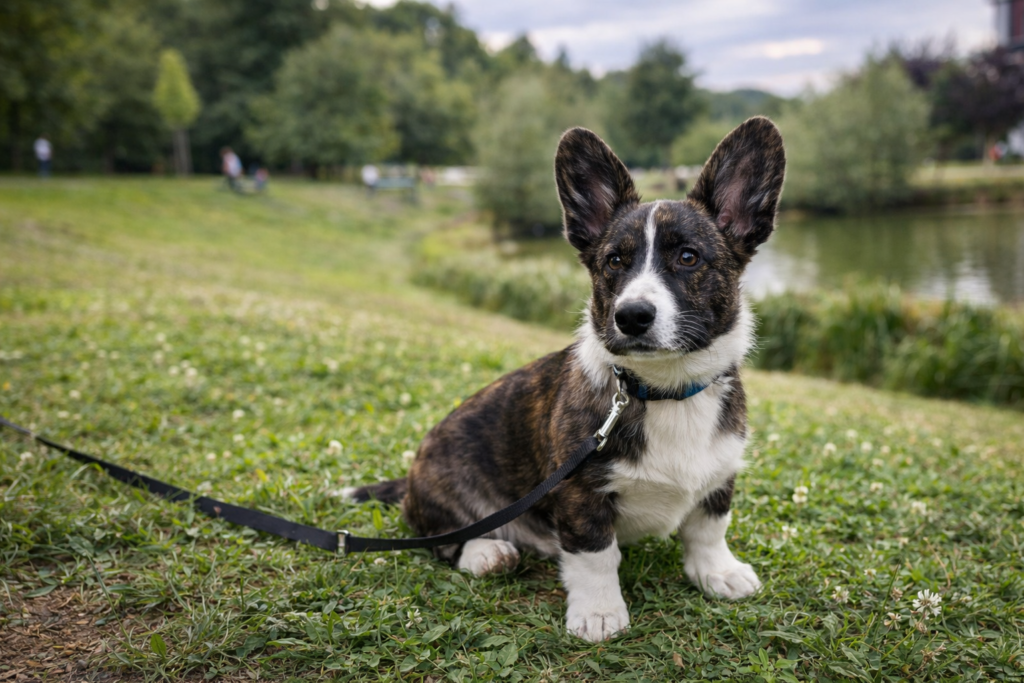 Calm dog practicing obedience training outdoors in a quiet environment