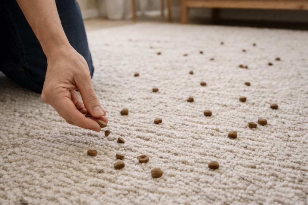 Scatter feeding dog enrichment activity with treats placed on a textured rug indoors