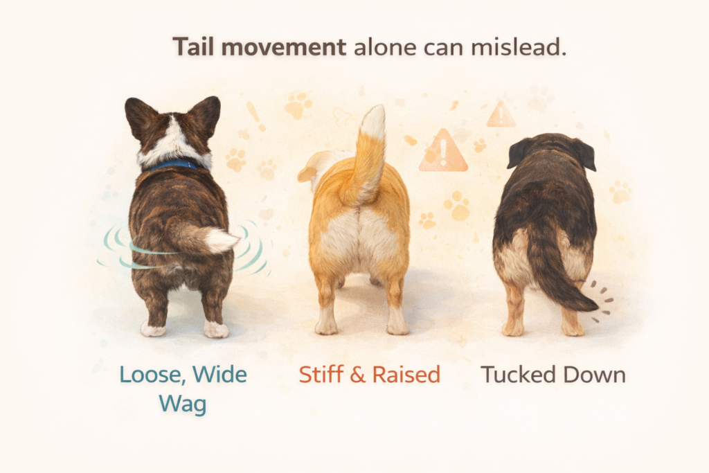 Illustration showing different dog tail positions to demonstrate that tail movement alone does not always indicate a dog’s emotional state.