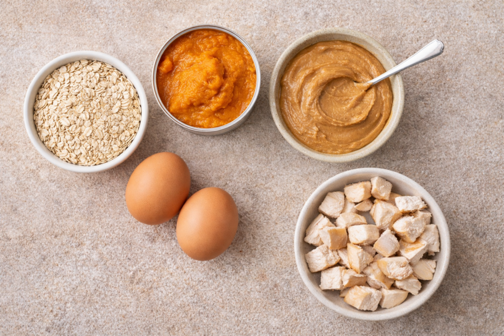 Dog-friendly ingredients for homemade dog treats including oats, pumpkin, peanut butter, eggs, and chicken
