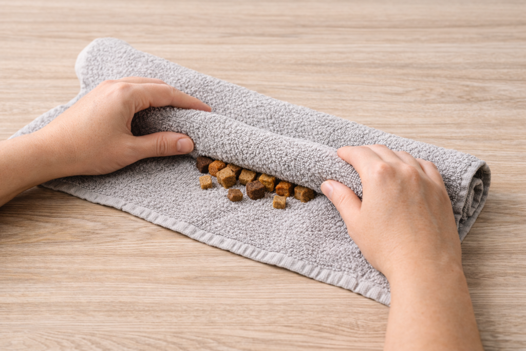Hands rolling a towel with hidden treats to create an easy DIY interactive dog toy