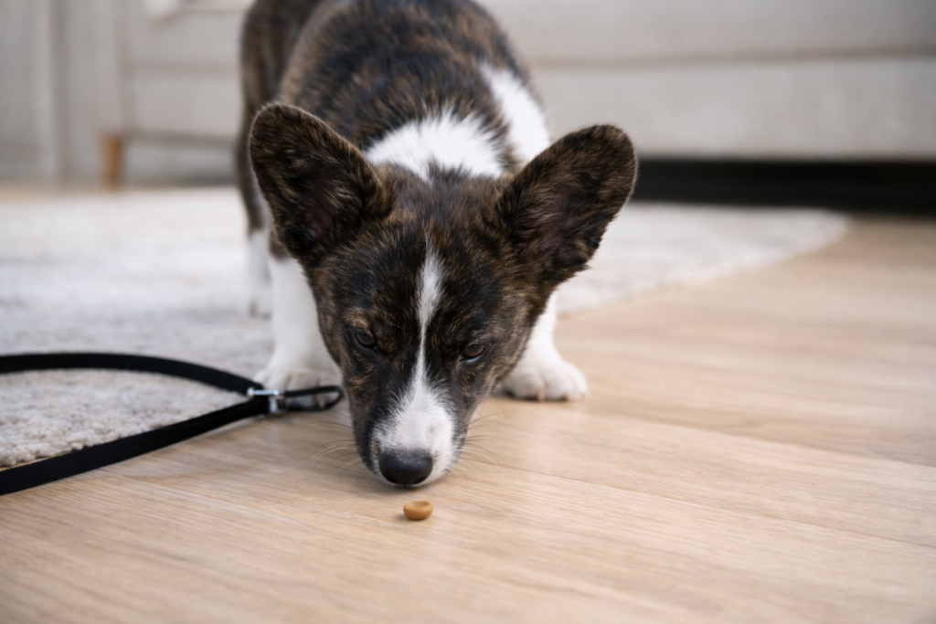 Corgi puppy Nuggy calmly sniffing a treat on the floor during a Find It scent game indoors