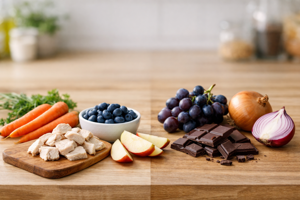 Safe and unsafe human foods for dogs displayed side by side on a kitchen table