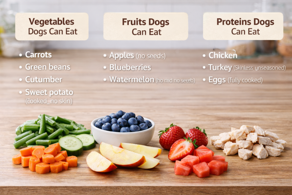 Dog-safe foods including vegetables, fruits, and plain cooked proteins prepared without seasoning