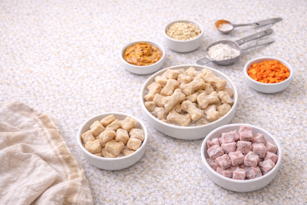 Healthy homemade dog treats made with simple, dog-safe ingredients arranged on a clean kitchen surface.