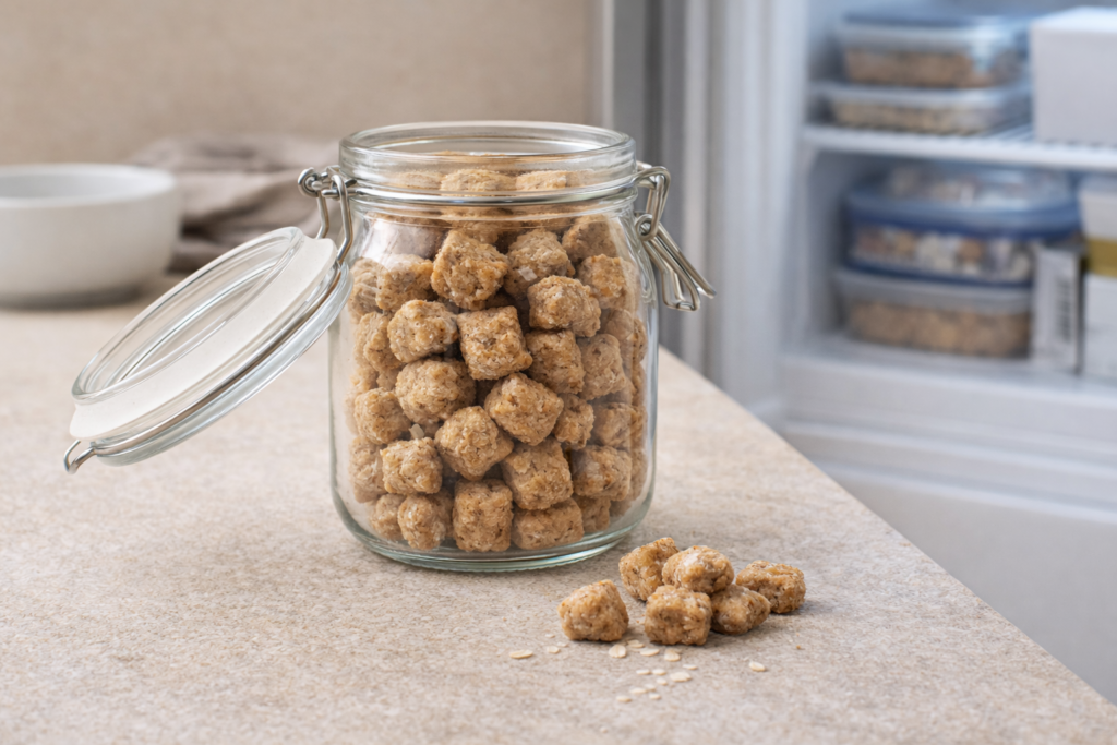 Homemade dog treats stored in a glass jar on a kitchen counter near the refrigerator