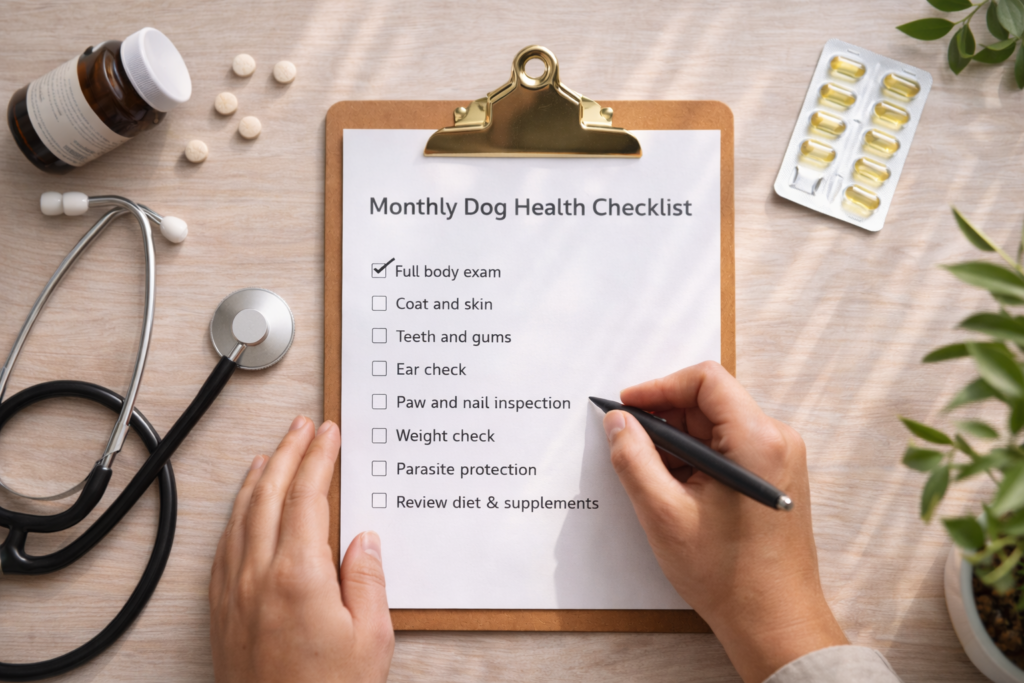 Monthly dog health checklist used for preventive pet health care and routine wellness checks