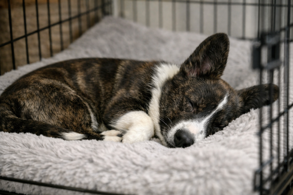 Simple puppy crate training routine checklist showing a calm daily structure for rest and crate time.