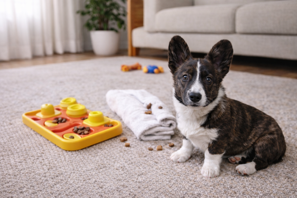 Nuggy, a young corgi puppy, sitting calmly indoors after mental enrichment activities