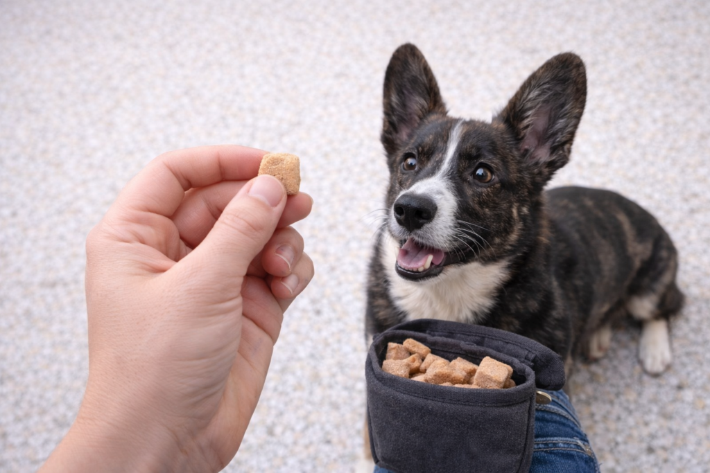 Nuggy the corgi mix calmly focused on a small homemade dog treat during a simple training moment.