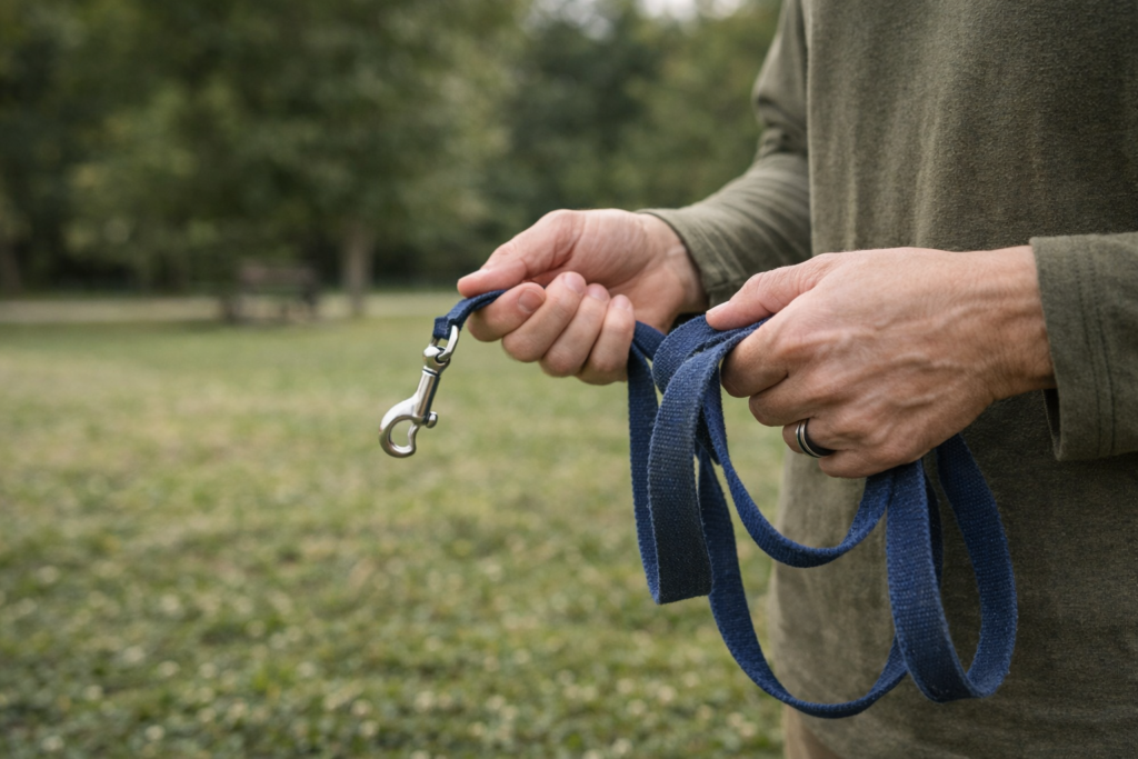 Hands holding a dog leash symbolizing patience and consistency in obedience training