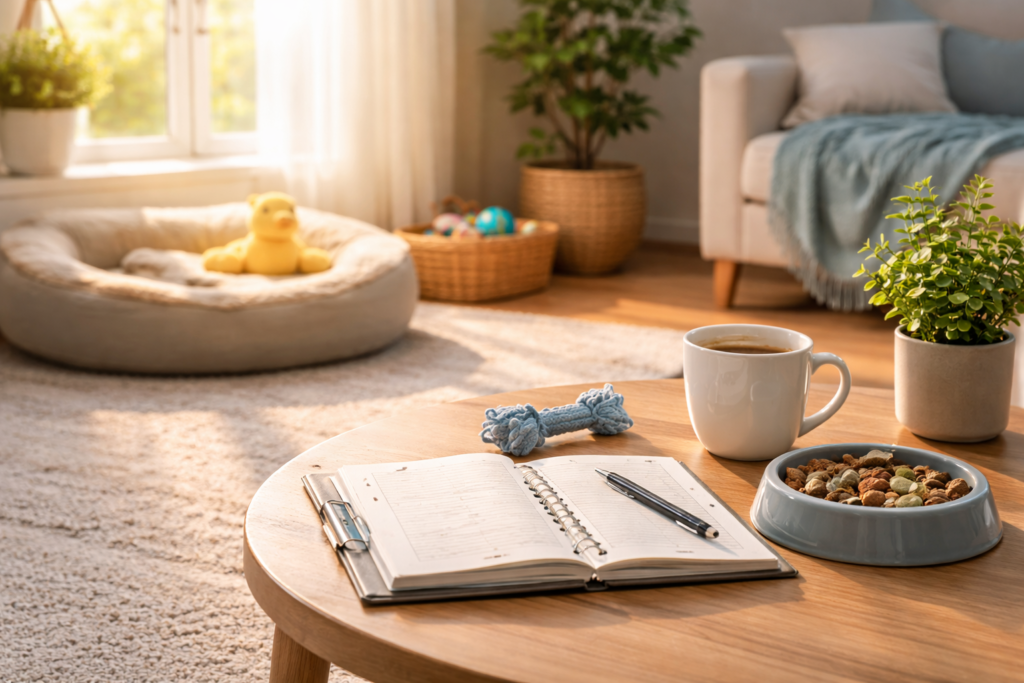 Calm home environment prepared for a puppy’s daily routine, showing a feeding bowl, notebook, toys, and resting area in a quiet living space.