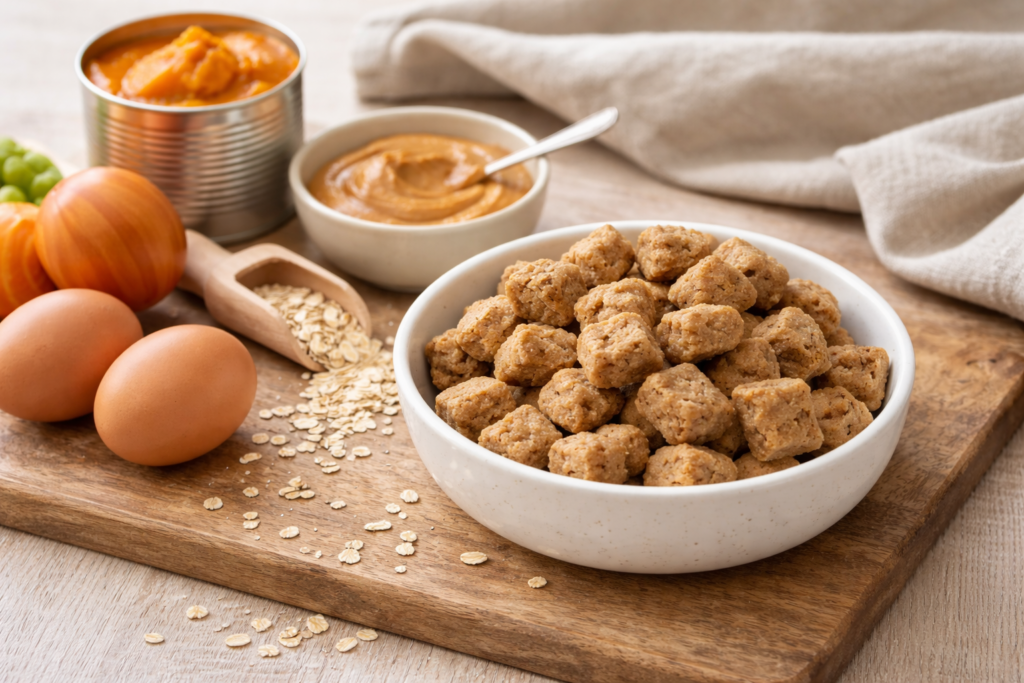 Safe homemade dog treats made with peanut butter, oats, and pumpkin on a wooden surface