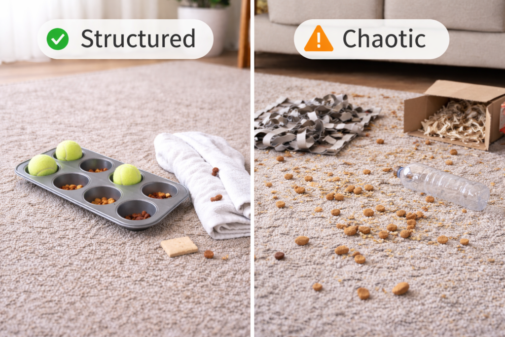 Nuggy, a young corgi puppy, resting calmly after indoor mental enrichment activities