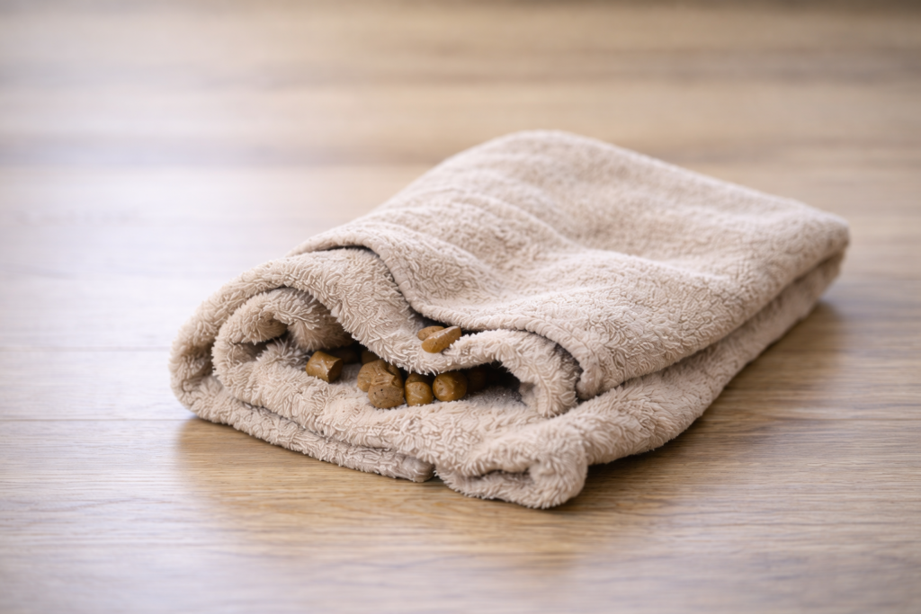 Rolled towel with hidden treats used as a DIY indoor dog enrichment puzzle