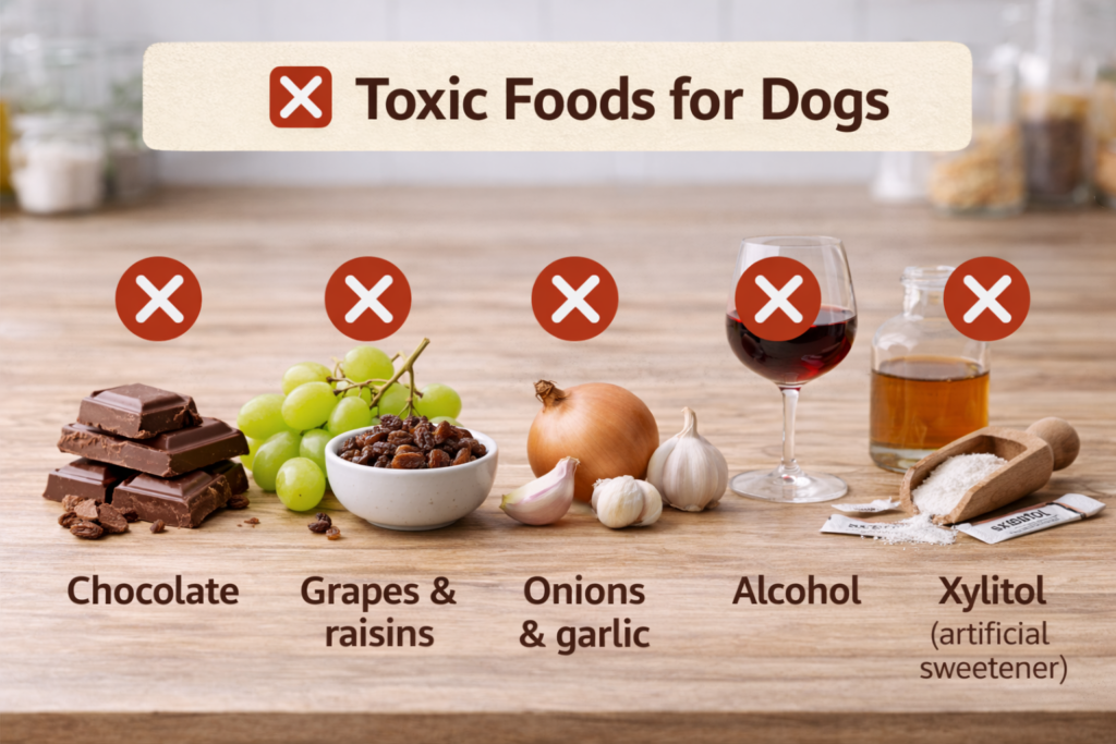 Common toxic foods for dogs including chocolate, grapes, onions, alcohol, and xylitol